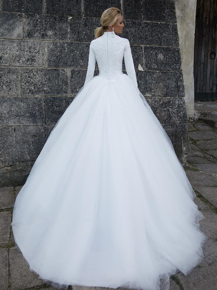 Tulle Ball Gown High Collar Long Sleeves Wedding Dresses Wedding Gown